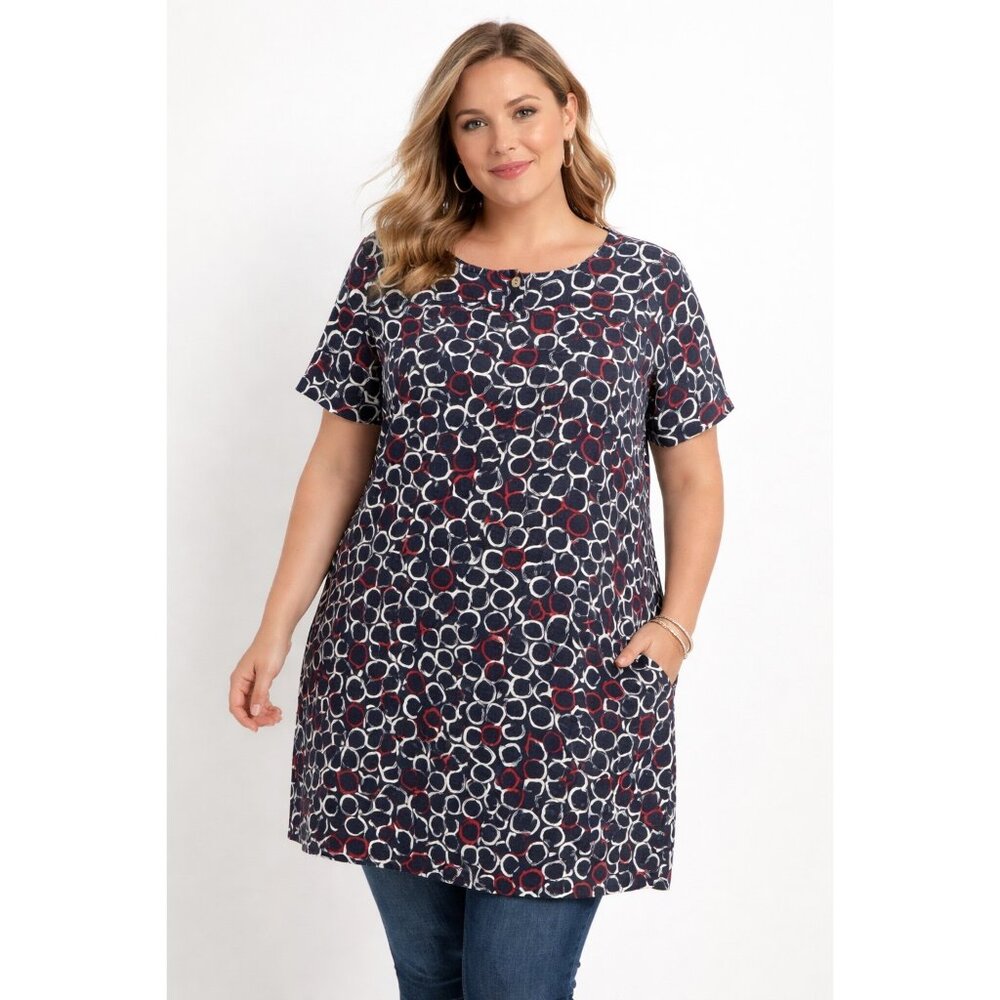 Hot Cotton XL Tunic Dress Navy Red Abstract Print Oversized Boho Lagenlook